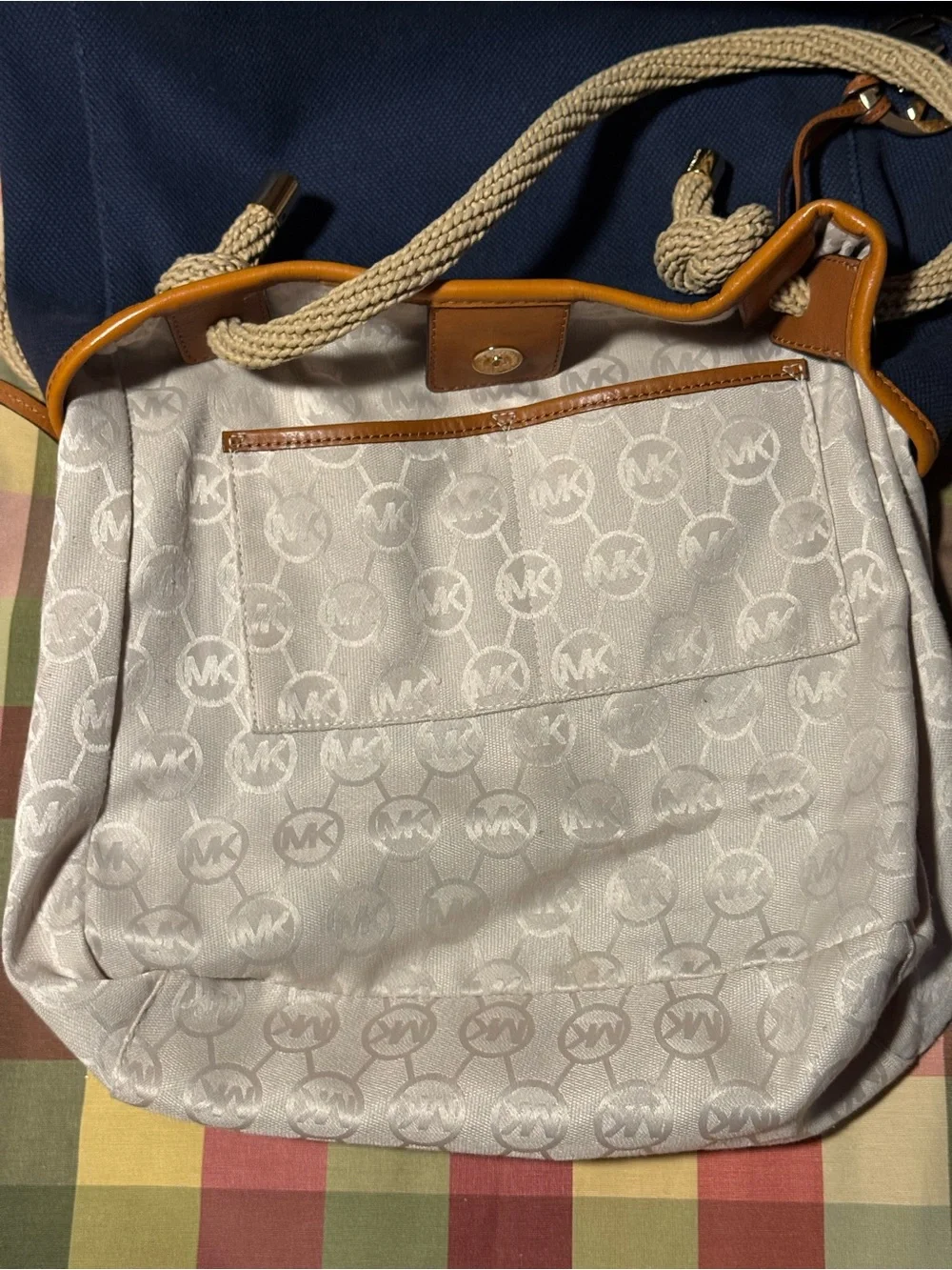 Michael Kors Navy Canvas Shoulder Bag with Tan Trim and Cream Rope Handles